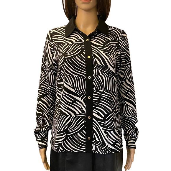 Michael Kors Women's Long Sleeves Blouse Black White Button Up Size S - NWT $110 - Picture 1 of 13